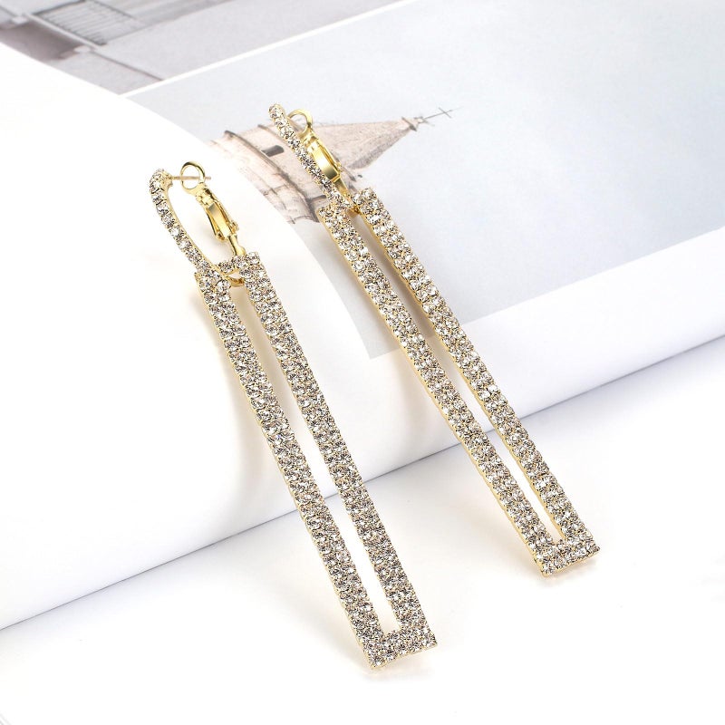 QJLE Geometric Rectangle Cubic Zirconia Rhinestone long Drop Dangle Earrings for women Hypoallergenic Pierced (Gold) - Image 4